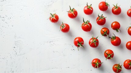 Wall Mural - Ripe cherry tomatoes on white surface top view with copy space