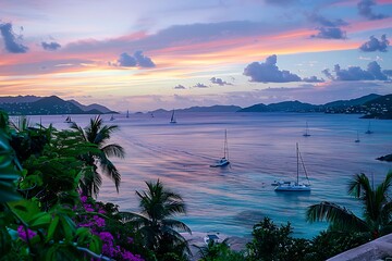 Sticker - A panoramic view of a tropical bay at sunset, sailboats anchored in the distance