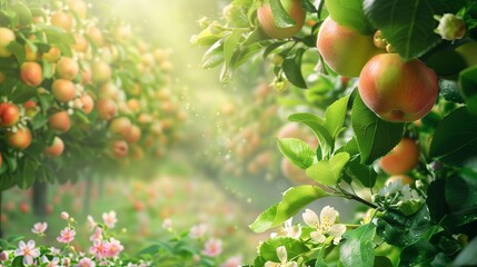 Aufkleber - A lush apple orchard with green leaves and ripe fruit, bathed in warm morning sunlight. Delicate white blossoms add a touch of elegance. Generative AI