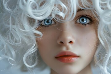 Ethereal Portrait of a Young Woman with Curly White Hair and Striking Blue Eyes