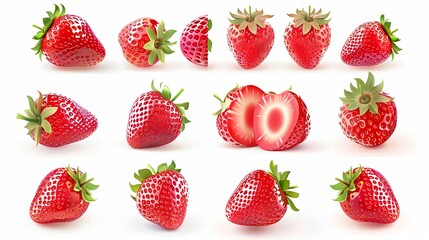 Aufkleber - A collection of fresh, red strawberries isolated on a white background. The image shows whole strawberries, halved strawberries, and strawberries from different angles. Generative AI