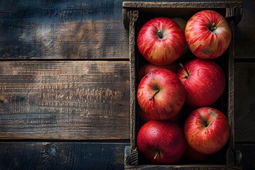 Poster - Fresh Red Apples in a Rustic Wooden Crate on a Wooden Table