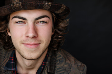 Wall Mural - Close-up portrait of a young man of European descent, studio photo, against a sleek gray studio backdrop