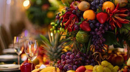 A table is set for a special occasion with a centerpiece of fresh fruit, including grapes, oranges, and strawberries, and two wine glasses. Generative AI