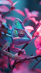 Wall Mural - Colorful chameleon on pink branch, nature concept