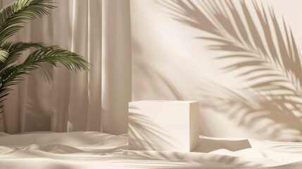 Canvas Print - Minimalistic setup featuring soft shadows, palm leaves, and simple geometrical shapes against beige drapery.