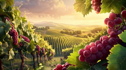 Aufkleber - A close-up of red grapes hanging from a vine with a vineyard in the background. The sun is setting and casting a warm glow over the landscape. Generative AI