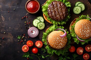 Wall Mural - Delicious Homemade Burgers with Fresh Vegetables and Condiments
