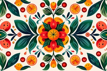 Leinwandbilder - A symmetrical illustration featuring an abstract floral design with oranges, red berries, and leaves on a cream background. Generative AI