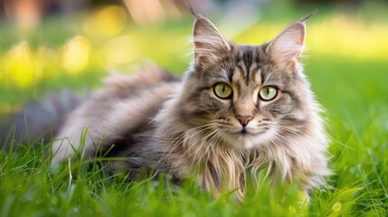 Wall Mural - Hypoallergenic Siberian Cat Outdoors on Green Grass