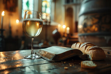 Eucharistic symbols. Lord's supper symbols: Bible, wine glass and bread on the table. Generative AI