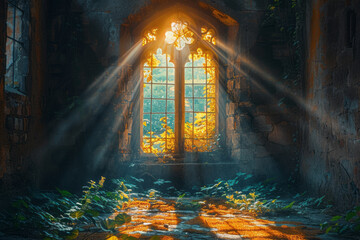 Light of Faith. Sunlight illuminates a cross-shaped window, casting a serene glow. Generative AI