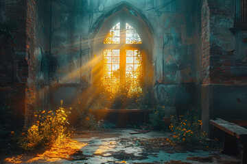 Light of Faith. Sunlight illuminates a cross-shaped window, casting a serene glow. Generative AI