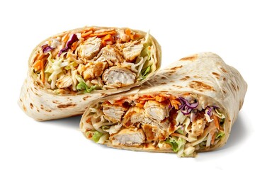 Wall Mural - Delicious chicken wraps with fresh vegetables on white background. Perfect for healthy and quick meals. Perfect blend of flavors and textures wrapped in tortilla. High quality food image. AI