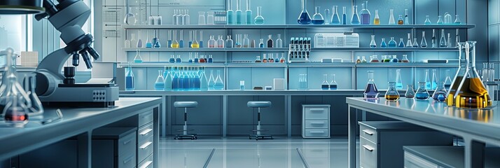 Poster - A contemporary laboratory with a microscope, numerous beakers filled with colorful liquids, and well-organized shelving. Generative AI