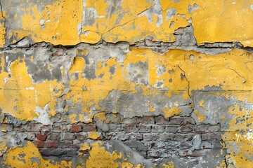 Wall Mural - Weathered Yellow and Gray Peeling Paint on Brick Wall