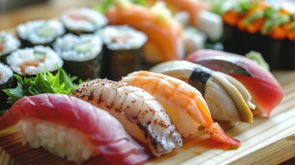 Wall Mural - A delicious plate of sushi is served on a wooden board. The sushi is made with fresh fish, rice, and vegetables, and it is arranged in a beautiful and appetizing way.