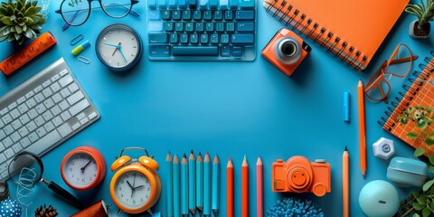 Flat lay of office supplies and gadgets on a blue desk, depicting a productive and organized workspace.