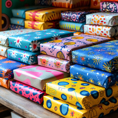 A stack of colorful wrapping paper with various patterns and designs.