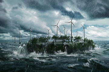 A self-sustaining floating island with wind turbines and wave energy converters, under a stormy sky