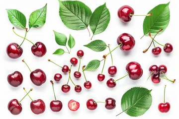 Poster - A group of fresh red cherries with green leaves isolated on a white background. Generative AI