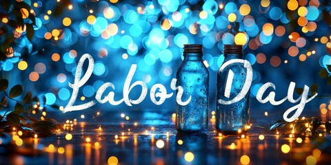 Labor Day celebration with blue bottles and festive lights, perfect for holiday greetings.