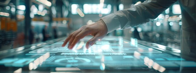 Poster - Hands interact with a high-tech touchscreen in an advanced laboratory setting, showcasing futuristic technology.