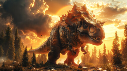 dinosaur in Jurassic, fantastic giant animal, monster and beast under sunset or sunrise