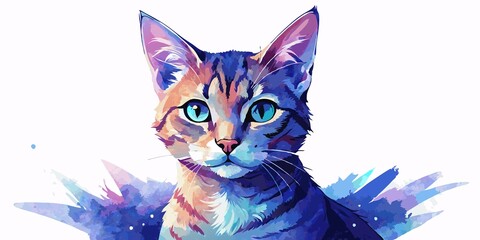 Dreamy watercolor portrait of cat gazing out at the viewer, set against brilliant white background, encouraging viewers to collect quiet contemplation, dreamy