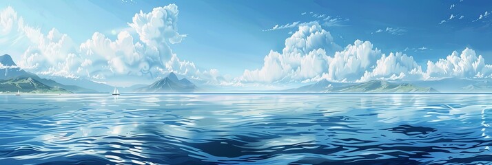 Poster - A digital illustration of a peaceful ocean scene with white fluffy clouds in a clear blue sky, and distant mountains in the background. Generative AI
