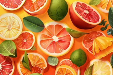 Poster - A vibrant image of various citrus fruits, including lemons, oranges, grapefruits, and limes, arranged on a bright orange background with green leaves. Generative AI