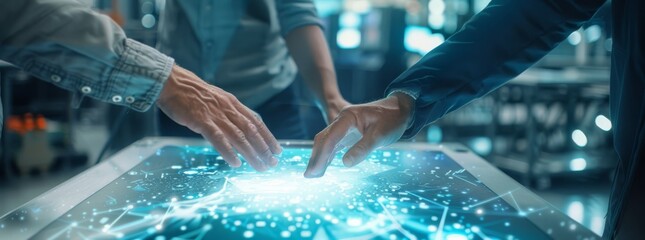 Poster - Two hands over a futuristic touchscreen, illustrating advanced technology and innovation in a modern workspace.