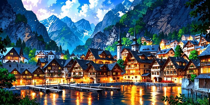 hallstatt austria anime style stunning aesthetic and h background