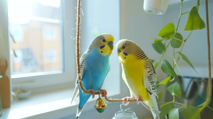 Colorful blue and yellow budgerigars on a perch in a sunlit home. Concept of pet birds, avian companions, domestic animals, indoor aviary