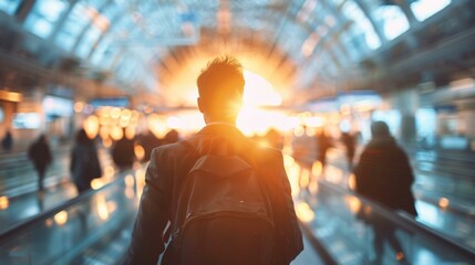 Wall Mural - A man with a backpack walking through an airport. AI.