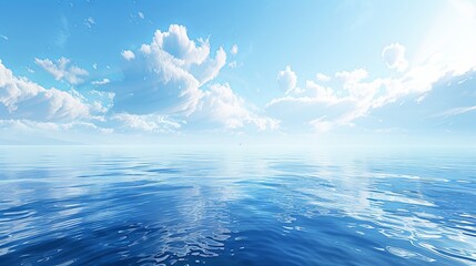 Poster - A wide shot of a calm ocean surface with white clouds in a bright blue sky. Generative AI