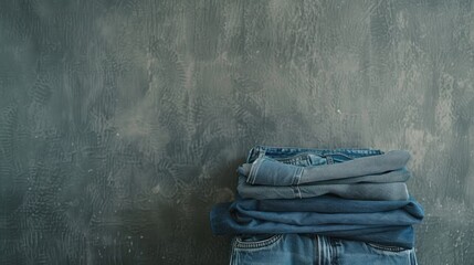 Wall Mural - Folded denim blue jeans held over gray wall background space for text