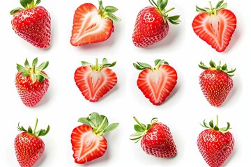 Aufkleber - A close-up photo of twelve fresh strawberries arranged on a white background. Some are whole while others are sliced in half, revealing their juicy red flesh. Generative AI