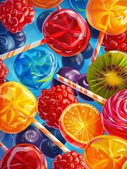 Aufkleber - A close-up shot of colorful fruit lollipops and berries on a blue background. Generative AI