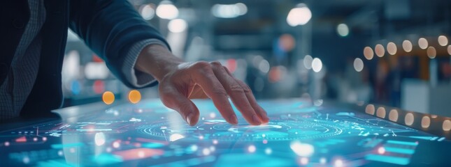 Poster - Hands interact with a high-tech touchscreen in an advanced laboratory setting, showcasing futuristic technology.