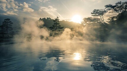 Poster - A serene scene of a lake in Japan during sunrise. The morning mist hangs over the still waters, and the sunlight filters through the clouds, creating a magical atmosphere. Generative AI