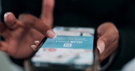 Poster - phone, hands of woman and website on screen for contact information, consultation and research for a
