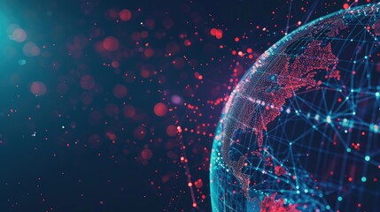 Poster - digital particles forming a globe, representing global communication networks.
