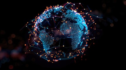 Poster - digital particles forming a globe, representing global communication networks.