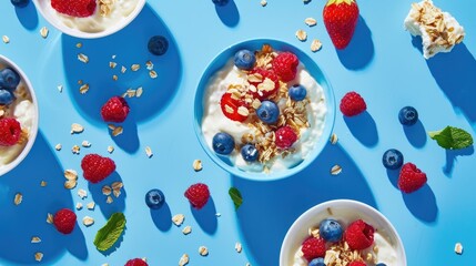 Wall Mural - Tasty morning meal with oats fruit and yogurt on blue backdrop