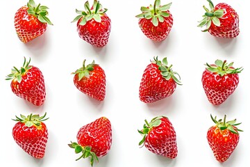 Aufkleber - A close-up image of twelve red strawberries arranged in a symmetrical pattern on a white background. The strawberries are fresh and ripe, with a glossy finish. Generative AI