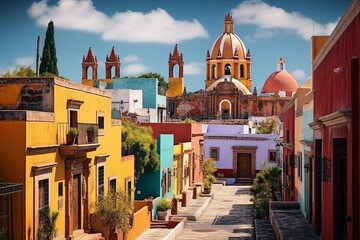 Vibrant mexican hillside  cathedral and colorful houses showcase cultural charm in scenic town