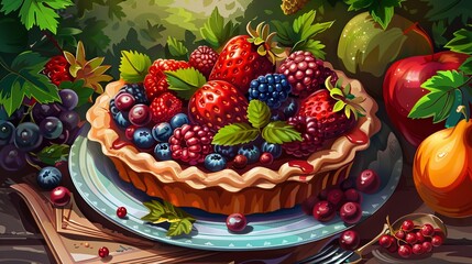 Poster - A delicious-looking berry pie sits on a plate surrounded by grapes, apples, and pears on a wooden table, creating a vibrant and inviting still life. Generative AI
