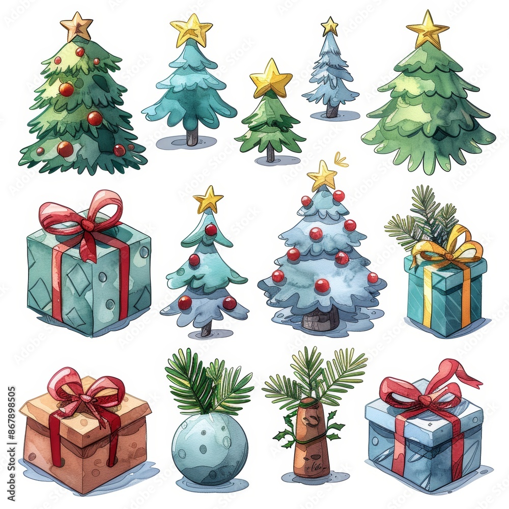 Watercolor illustration of various Christmas trees and gifts, decorated with bows and ornaments. Perfect for festive and colorful holiday designs. set isolated on white background