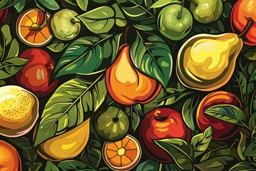 Leinwandbilder - A close-up illustration of a variety of fruits hanging on green branches, including apples, pears, oranges, and lemons. Generative AI